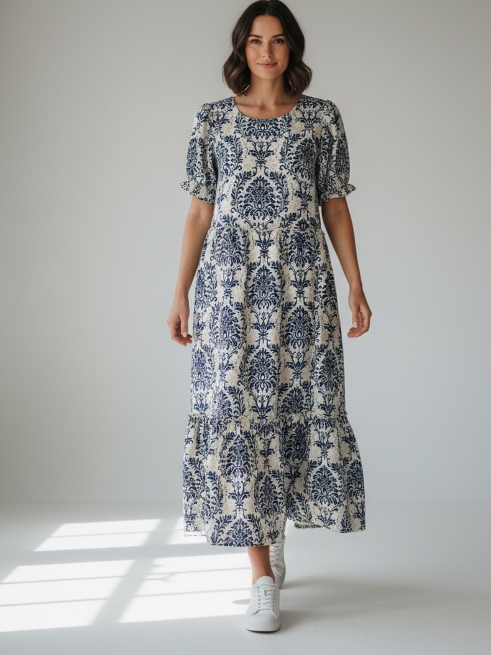 Yesno Damask Style Floral Print Tiered Maxi Dress Size S